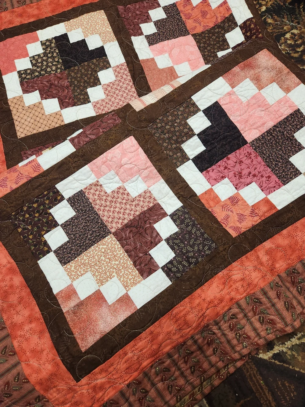 Handmade Quilt in Coral, Pink and Brown - Home Bedding Quilts